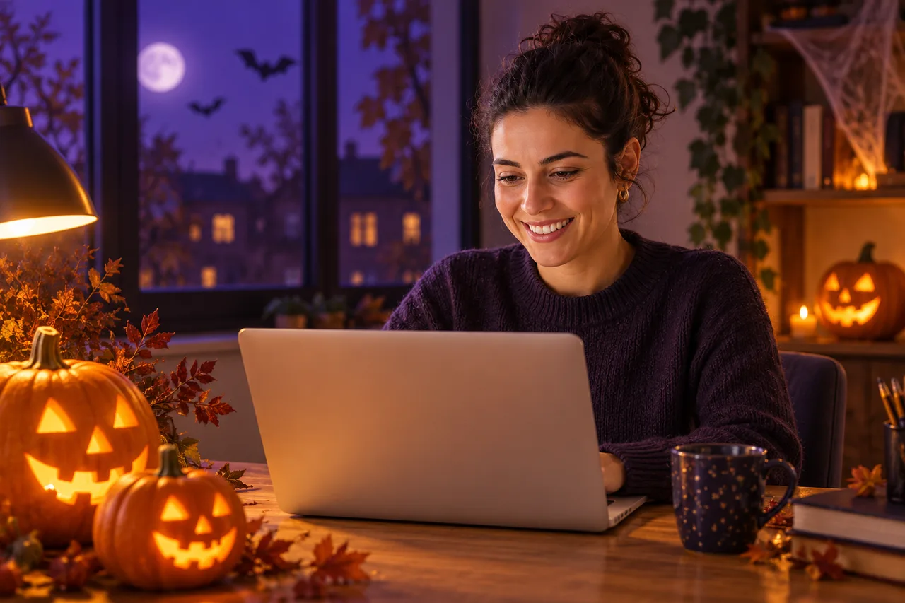 Una alumna estudia junto a calabazas iluminadas en una noche de Halloween.