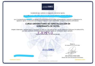 Ejemplo de certificado universitario EUNEIZ